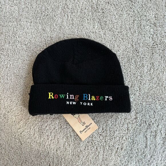Rowing Blazers Black Stretch Knit Multicolor Logo Unisex Wool Beanie Hat OS NEW - Picture 7 of 7
